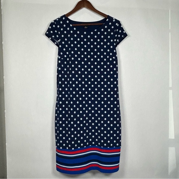 2 for$15 Liz Claiborne Navy and White Polka Dot Midi Dress with Red Stripes - Picture 1 of 9